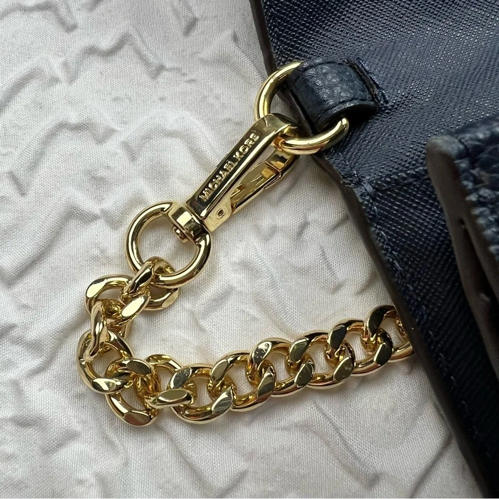 Michael Kors Karson Wallet Clutch Leather Navy Crossbody Mini Bag Chain Travel